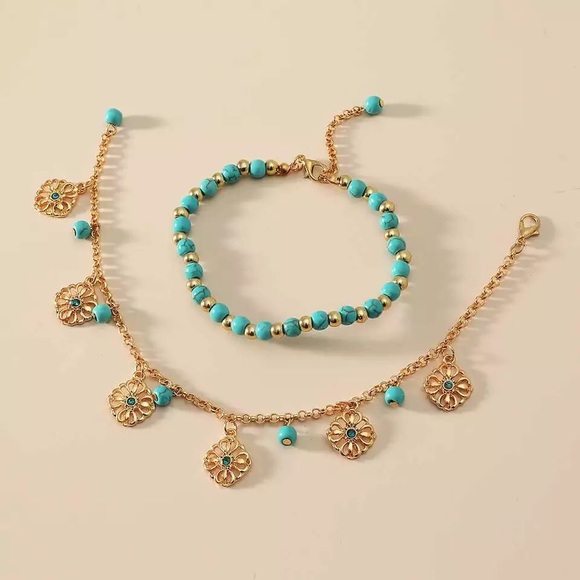 Turquoise Beaded Anklet, Boho Bohemian - Picture 4 of 9
